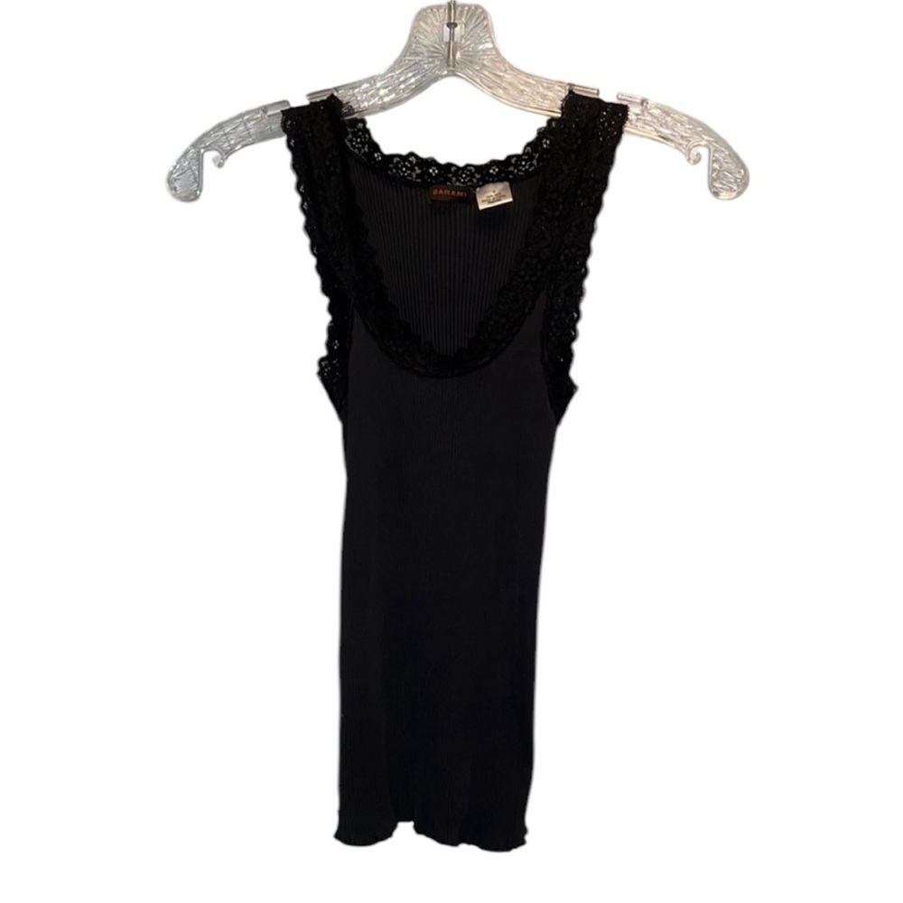 Black Barami 100% Silk Tank Top with Lace Neckline Size M
